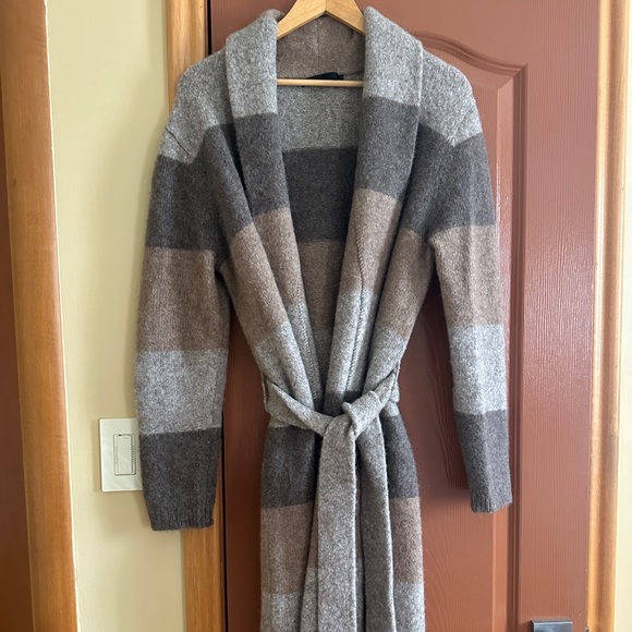 Jenni Kayne Wool Alpaca Yak Blend Striped Belted Long Cardigan Coat - Picture 3 of 7
